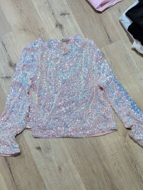 Free People Iridescent Pink Sequin Long Sleeve Top Moonstruck